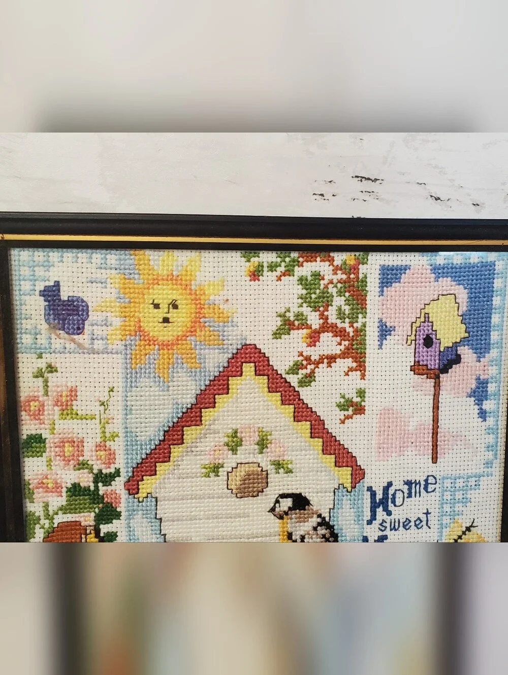 Finished Cross Stitch Birdhouse Home Sweet Home Framed Needlepoint Cottagecore G